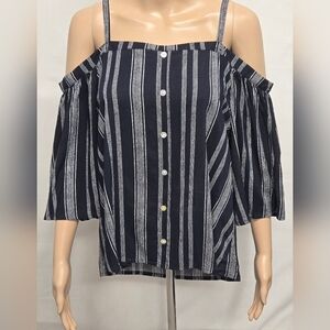 Bobeau M Off The Shoulder Top Rayon Short Sleeve Blue White Stripes